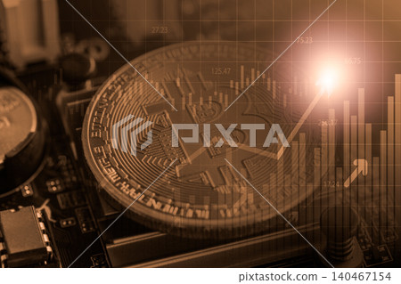 Modern way of exchange. Bitcoin is convenient payment in global economy market. Virtual digital currency and financial investment trade concept. Abstract cryptocurrency with gold bitcoin background. Modern way of exchange. Bitcoin is convenient payment in global economy market. Virtual digital currency and financial investment trade concept. Abstract cryptocurrency with gold bitcoin background. 140467154