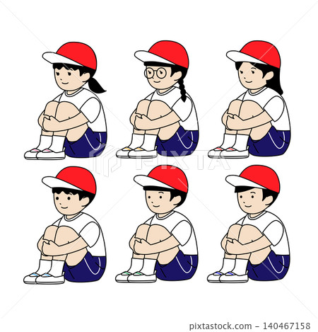 六名身穿運動服的孩子盤腿而坐的向量插圖（運動會、紅白相間的帽子、體育課） 140467158