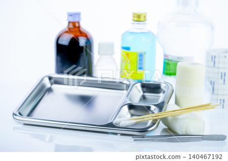 Medical equipment for treating infections. Wound care dressing set. Medical supplies for nurses. Conform bandage, forceps, cotton stick, alcohol. Sterile dressing materials. Healthcare equipment. 140467192