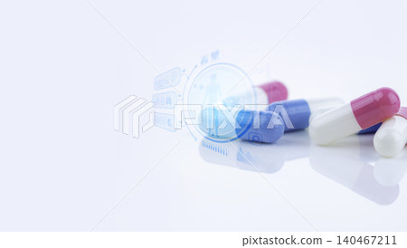 Pink-white and blue-white capsule pills with concept of precision medicine with nanotechnology, proteomics, and advanced artificial intelligence to enhance diagnostics and patient-specific solutions. 140467211