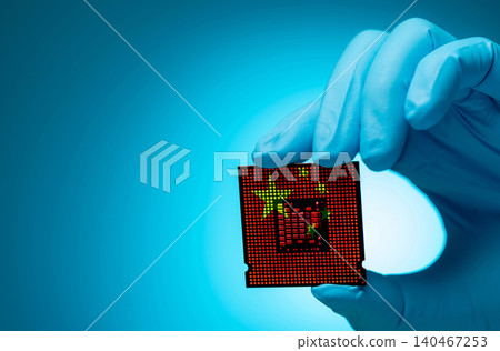 China's chip industry with electronic engineer holding computer chip. Electronic components in CPU and motherboard manufacturing sector. China role of semiconductors in the electronics industry. China's chip industry with electronic engineer holding computer chip. Electronic components in CPU and motherboard manufacturing sector. China role of semiconductors in the electronics industry. 140467253