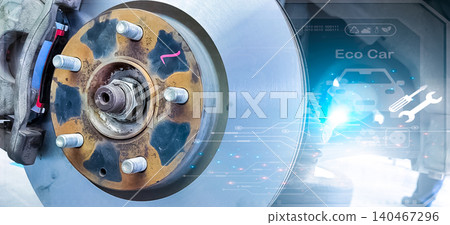 Car disc brake system maintenance concept. Car suspension in process of new tire replacement at garage workshop. Car disc brake mechanic check and repair. Car in change tire process at service station Car disc brake system maintenance concept. Car suspension in process of new tire replacement at garage workshop. Car disc brake mechanic check and repair. Car in change tire process at service station 140467296