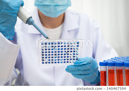 Scientist with cell culture in sample micro plate for research in science laboratory. Scientist with cell culture in sample micro plate for research in science laboratory. 140467504