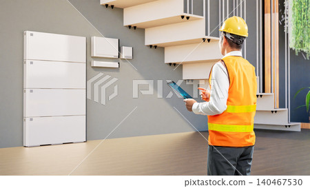 Asian engineer or technician with battery energy storage system for residential used Asian engineer or technician with battery energy storage system for residential used 140467530