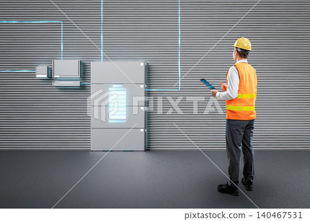 Asian engineer or technician with battery energy storage system for residential used 140467531