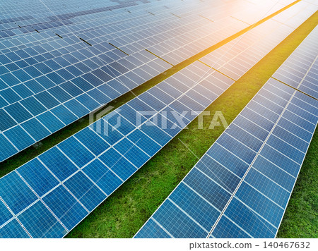 Solar farm and sun light. Solar power for green energy. Sustainable renewable energy. Photovoltaic power station or solar park. Solar panel installation and maintenance concept. Energy sustainability. 140467632