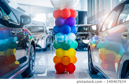 Car parked in luxury showroom. Car dealership office. Car showroom business. New car parked in modern showroom. Auto for sale and rent business. Automobile leasing and insurance. Electric automobile. 140467634