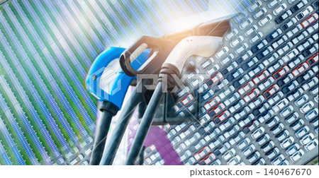Electric vehicle and solar energy. Sustainable energy. Electric car charging station for charge EV battery. Plug for electric vehicle. EV charger. Clean and sustainable energy for transportation. 140467670