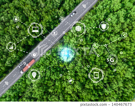 Autonomous car and truck technology on highway. Aerial drone view of self-driving vehicles navigating through green forest. Sustainable and eco-friendly transport. Advanced smart transport technology. Autonomous car and truck technology on highway. Aerial drone view of self-driving vehicles navigating through green forest. Sustainable and eco-friendly transport. Advanced smart transport technology. 140467673