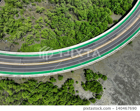 Aerial drone view curve road with green mangrove forest and mudflat beach. Mangroves capture CO2. Natural carbon sink. Blue carbon ecosystems. Mangroves absorb carbon dioxide. Net zero emissions. Aerial drone view curve road with green mangrove forest and mudflat beach. Mangroves capture CO2. Natural carbon sink. Blue carbon ecosystems. Mangroves absorb carbon dioxide. Net zero emissions. 140467690