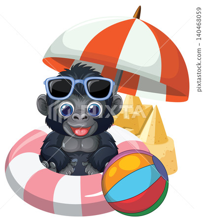 Cartoon Baby Gorilla with Sunglasses and Beach Accessories Vector Illustration Cartoon Baby Gorilla with Sunglasses and Beach Accessories Vector Illustration 140468059