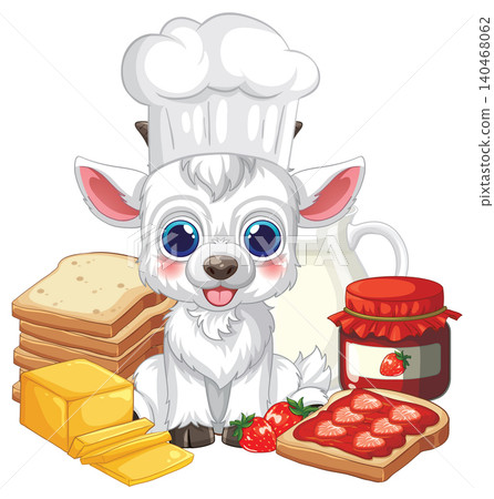 Cartoon Goat Chef with Breakfast Bread Jam and Butter Illustration Cartoon Goat Chef with Breakfast Bread Jam and Butter Illustration 140468062