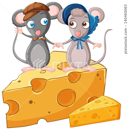Cartoon Mouse Couple Standing on Large Wedge of Swiss Cheese Cartoon Mouse Couple Standing on Large Wedge of Swiss Cheese 140468065