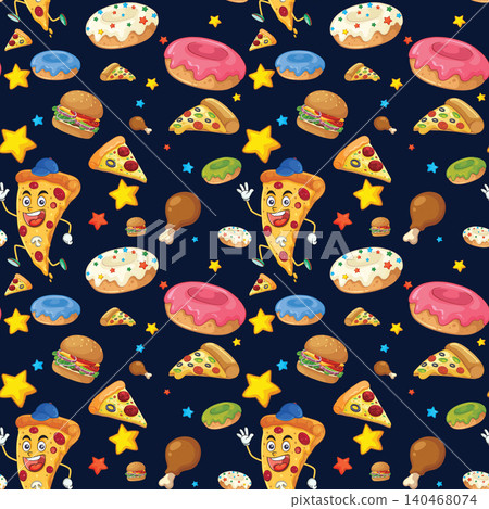 Seamless Vector Pattern of Cartoon Fast Food Characters and Snacks Seamless Vector Pattern of Cartoon Fast Food Characters and Snacks 140468074