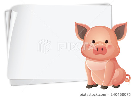 Cute Pink Pig Cartoon Character Sitting Next to Blank White Paper Cute Pink Pig Cartoon Character Sitting Next to Blank White Paper 140468075