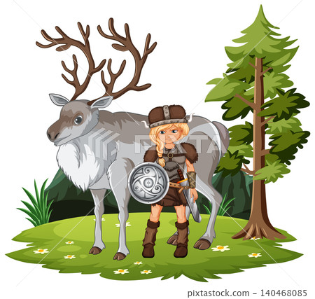 Viking Girl Warrior Standing with Reindeer in Forest Setting Viking Girl Warrior Standing with Reindeer in Forest Setting 140468085