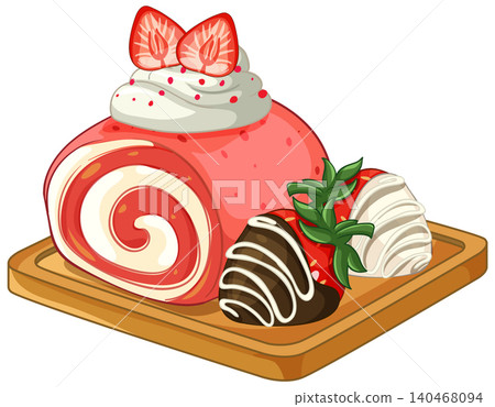 Strawberry Swiss Roll Cake with Whipped Cream and Chocolate Dipped Berries Strawberry Swiss Roll Cake with Whipped Cream and Chocolate Dipped Berries 140468094