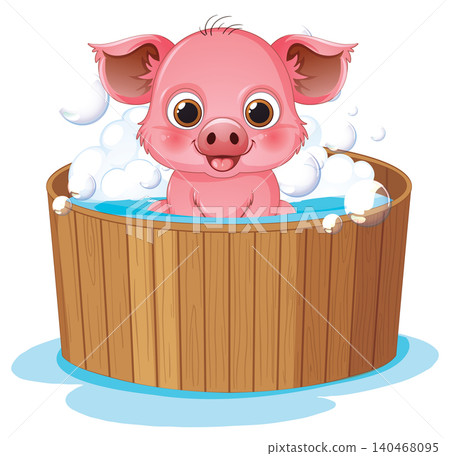 Cute Pink Piglet Taking a Bubble Bath in Wooden Tub Cute Pink Piglet Taking a Bubble Bath in Wooden Tub 140468095