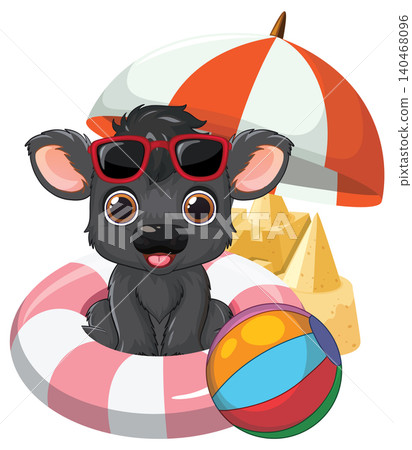Cute Black Puppy Cartoon Character Enjoying Summer Beach Vacation Cute Black Puppy Cartoon Character Enjoying Summer Beach Vacation 140468096
