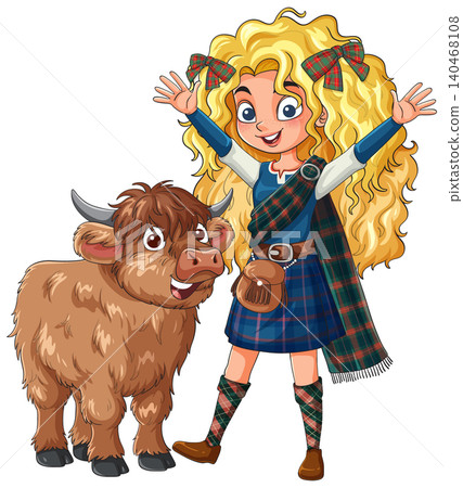 Scottish Girl in Tartan Outfit with Highland Cow Scottish Girl in Tartan Outfit with Highland Cow 140468108