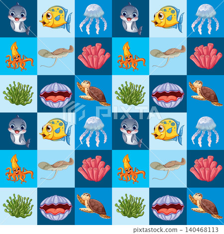 Seamless Cartoon Sea Life Pattern on Blue Checkered Background 140468113