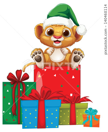 Adorable Cartoon Lion Cub with Green Holiday Hat and Colorful Gift Boxes 140468114
