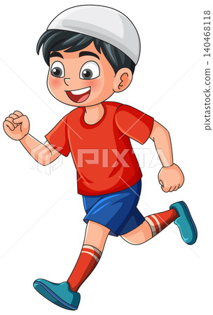 Vector Illustration of a Happy Young Muslim Boy Running in Sportswear Vector Illustration of a Happy Young Muslim Boy Running in Sportswear 140468118