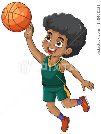Young African American Boy Jumping and Playing Basketball Vector Illustration Young African American Boy Jumping and Playing Basketball Vector Illustration 140468121