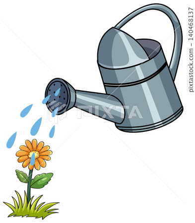 Metal Watering Can Pouring Water on Garden Flower Metal Watering Can Pouring Water on Garden Flower 140468137