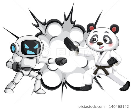 Cartoon Panda in Karate Gi Fighting a Small White Robot Cartoon Panda in Karate Gi Fighting a Small White Robot 140468142