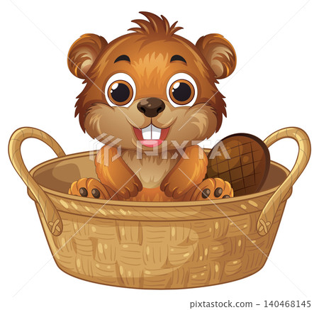 Cute Cartoon Beaver Sitting Inside a Woven Wicker Basket 140468145