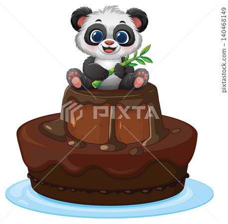 Cute Baby Panda Sitting on a Two Tier Chocolate Cake Cute Baby Panda Sitting on a Two Tier Chocolate Cake 140468149