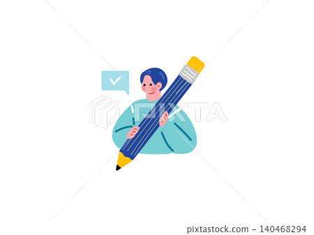 一幅插圖,描繪的是一個男人用鉛筆打勾。 一幅插圖,描繪的是一個男人用鉛筆打勾。 140468294
