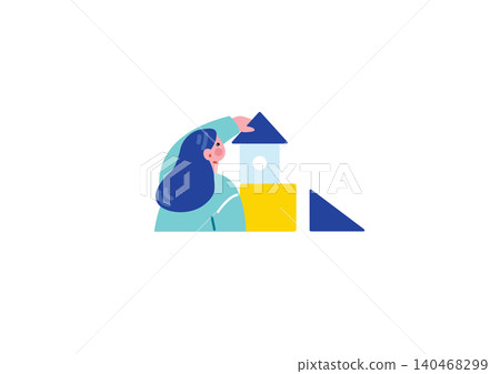 Illustration of a woman assembling blocks Illustration of a woman assembling blocks 140468299