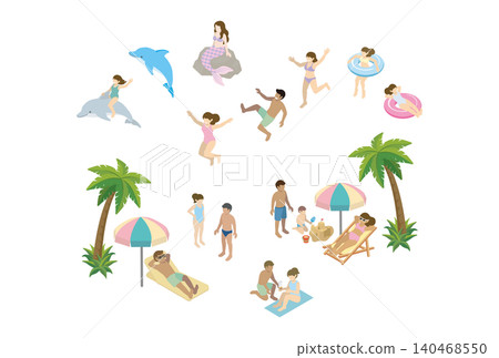 Summer sea, beach, leisure, isometric, people, swimwear, men and women, children, mermaid, dolphin, illustration material set Summer sea, beach, leisure, isometric, people, swimwear, men and women, children, mermaid, dolphin, illustration material set 140468550