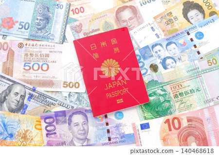 Passport - Image of overseas travel with a passport (general passport 10 years red) and foreign money Passport - Image of overseas travel with a passport (general passport 10 years red) and foreign money 140468618