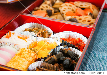 A traditional tiered box filled with colorful Osechi New Year's dishes. A traditional tiered box filled with colorful Osechi New Year's dishes. 140468841