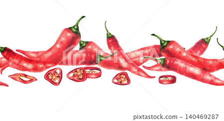 Watercolor red hot chili pepper seamless border. Whole and cut pods round sliced with seeds. Spicy vegetable food spices Hand drawn illustration isolated from background pattern for sauces label, menu Watercolor red hot chili pepper seamless border. Whole and cut pods round sliced with seeds. Spicy vegetable food spices Hand drawn illustration isolated from background pattern for sauces label, menu 140469287