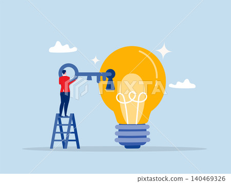 businessman holding golden key about to insert into key hold on lightbulb idea lamp. businessman holding golden key about to insert into key hold on lightbulb idea lamp. 140469326