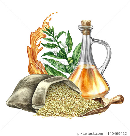 Sesame oil. Hand-drawn watercolor illustration. White sesame seeds in a burlap bag and a wooden scoop, a sesame stalk with leaves, pods, and flowers, a glass bottle of oil, a splash of oil. Sesame oil. Hand-drawn watercolor illustration. White sesame seeds in a burlap bag and a wooden scoop, a sesame stalk with leaves, pods, and flowers, a glass bottle of oil, a splash of oil. 140469412