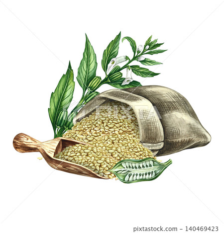 White sesame seeds in burlap and scoop, sesame stalk with leaves, pods, and flowers. Hand-drawn watercolor illustration. Perfect for creating labels, packaging, posters, banners, menus, and more. White sesame seeds in burlap and scoop, sesame stalk with leaves, pods, and flowers. Hand-drawn watercolor illustration. Perfect for creating labels, packaging, posters, banners, menus, and more. 140469423