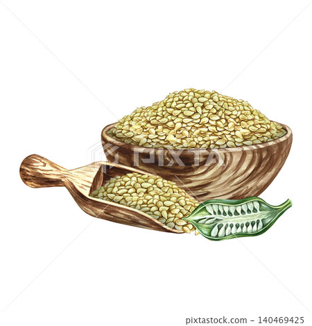 White sesame seeds in a wooden bowl and scoop, sesame seed pod in section. Hand-drawn watercolor illustration. Perfect for creating labels, packaging, posters, banners, menus, and more. 140469425