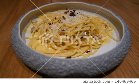 Delicious Spaghetti Carbonara Dish on a Plate Delicious Spaghetti Carbonara Dish on a Plate 140469469