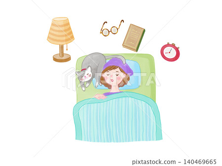 一位女士和她的貓睡得很香。 一位女士和她的貓睡得很香。 140469665