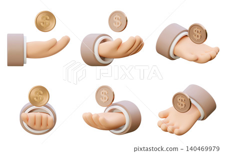 3D illustration set of hands with floating gold dollar coins isolated on white background 140469979