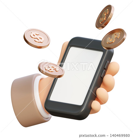 3D illustration of a hand holding a smartphone with floating gold dollar coins on white background 140469980