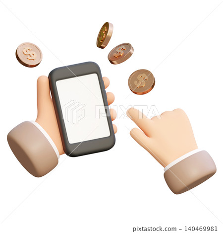 3D illustration of a hand touching a smartphone with floating dollar coins on white background 3D illustration of a hand touching a smartphone with floating dollar coins on white background 140469981