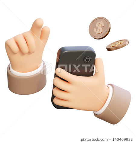 3D illustration of a hand holding a smartphone from back view with floating gold dollar coins 3D illustration of a hand holding a smartphone from back view with floating gold dollar coins 140469982