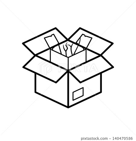 Clean isometric line art icon of an open cardboard parcel container box. Minimalist outline symbol for unboxing video, product mail delivery, and online shipping. Clean isometric line art icon of an open cardboard parcel container box. Minimalist outline symbol for unboxing video, product mail delivery, and online shipping. 140470586