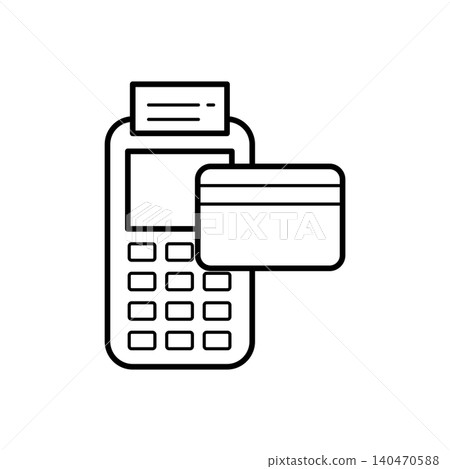 Minimalist isometric line art icon of a credit card machine terminal. Clean outline symbol for retail checkout counters, contactless payment, and banking sales. 140470588
